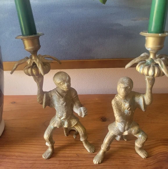 Vintage Solid Brass monkey Candlestick Holders Pair